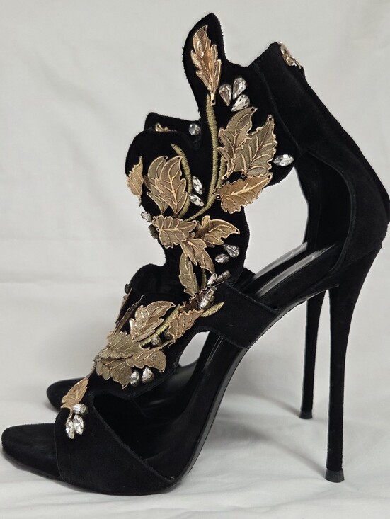 Giuseppe Zanotti Shoes - Giuseppe Zanotti Coline Black Suede Gold Leaf Stiletto Heels 39